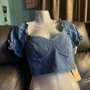 Blush Light Blue Ruffle Sleeve Crop Top